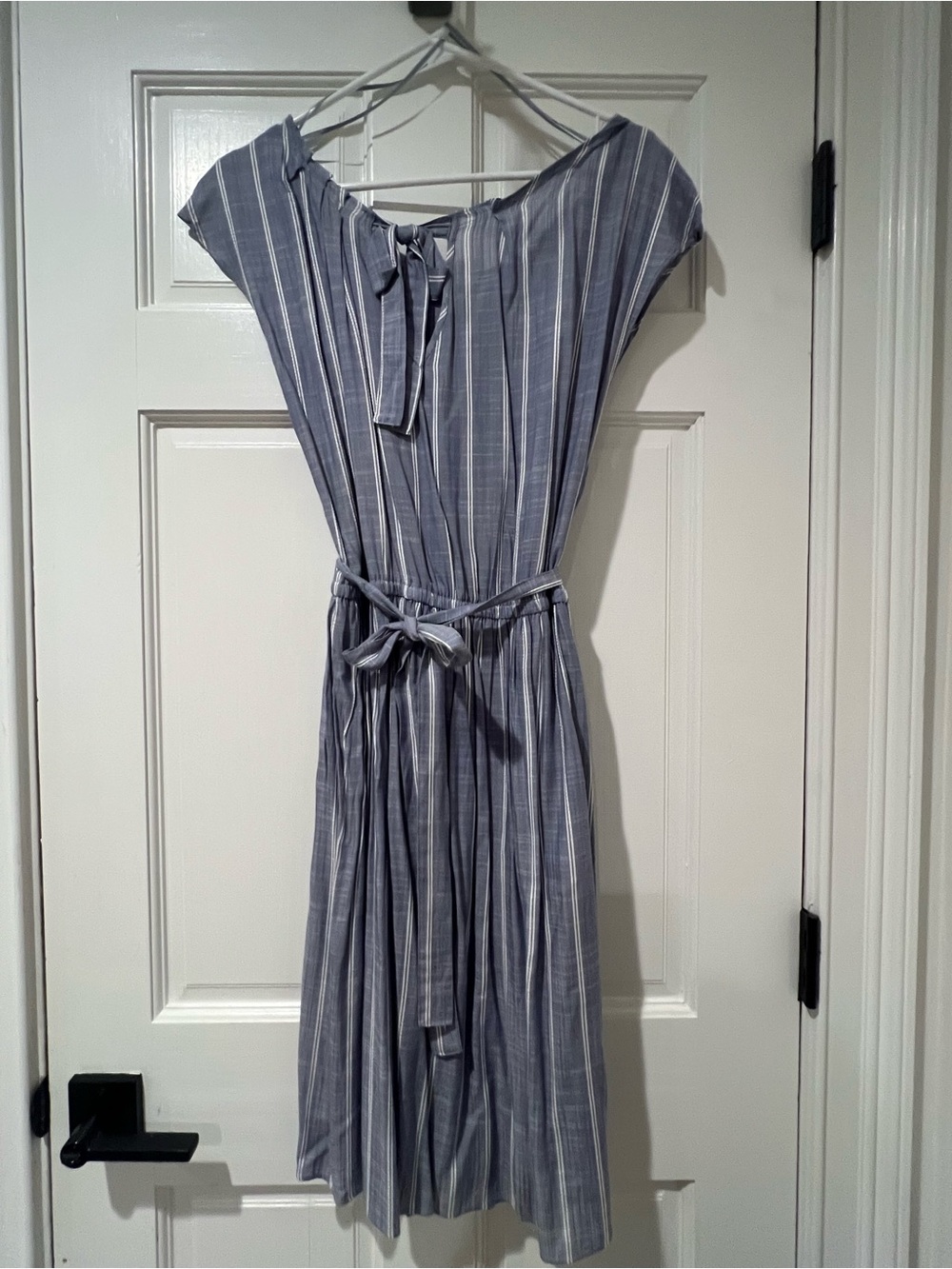 LC Lauren Conrad Blue and White Striped Linen Tie-Waist Midi Dress